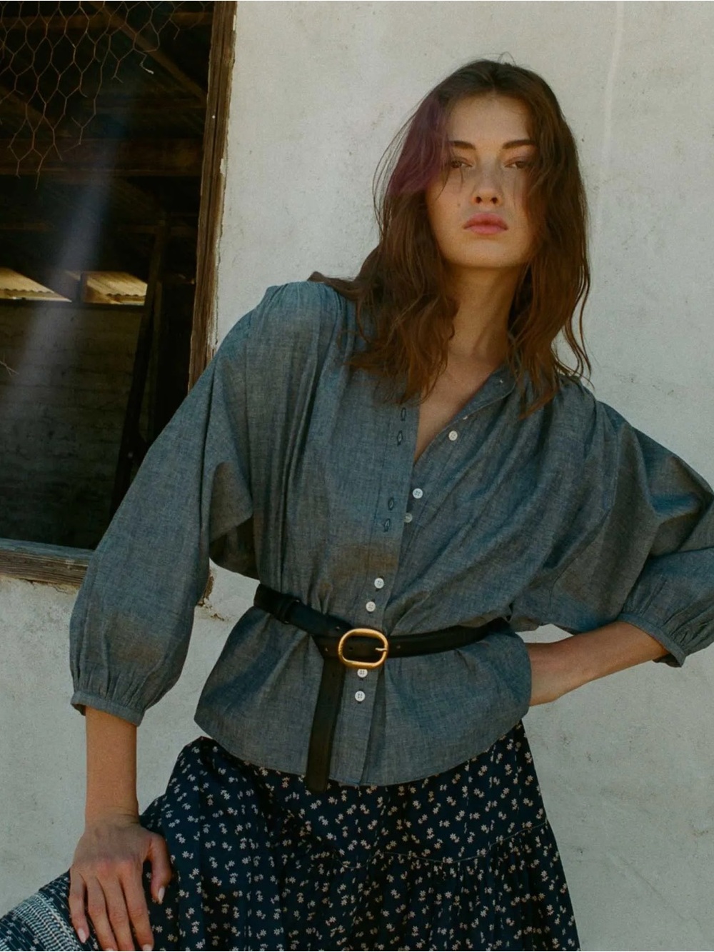 Doen Ojai Button-Front Puff Sleeve Blouse in Denim Blue - Picture 8 of 8